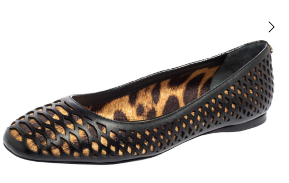 Roberto Cavalli Laser Cut Leather & Printed Satin Ballet Flats Black/Beige EU 40